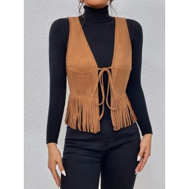 [Elegant Vest] Elegant Tassel Sleeveless Vest Jacket | Women's Medium Stretch Suede-Like Fabric, Adjustable Waist Tie & Fringe Hem, All-Season Versatile Layering Piece for Casual or Formal Outfits, Smooth Texture Finish