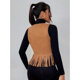 [Elegant Vest] Elegant Tassel Sleeveless Vest Jacket | Women's Medium Stretch Suede-Like Fabric, Adjustable Waist Tie & Fringe Hem, All-Season Versatile Layering Piece for Casual or Formal Outfits, Smooth Texture Finish