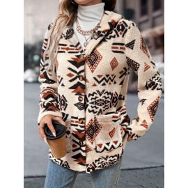 Women's Aztec Geometric Print Hooded Fleece Coat - Mid-Length Casual Winter Jacket with Front Pockets, Machine Washable & Single-Button Closure for Autumn/Winter Outings, Autumn Fashion, Ethnic Pattern Design, Durable Warmth