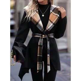 Women'S Elegant Mid-Length Winter Coat with High Neck and Plaid Patchwork Design - Warm, Lightweight, and Stylish for Office or Holiday Season, Warm Weather Jacket | Plaid Pattern Coat | Structured Coat
