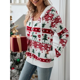 [Christmas Hooded Jacket] Christmas Plush-Lined Hooded Jacket | Festive Reindeer & Snowflake Design, Stretchy Polyester Blend, Machine Washable Winter Coat for Holiday Parties & Casual Outfits