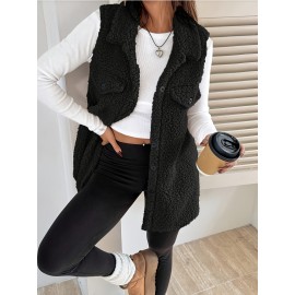 Women'S Elegant Sleeveless Flat Collar Button Front Jacket with Faux Pockets - Cozy Brown Plaid Pattern, Long Length, Perfect for Fall/Winter Casual Wear, Winter Clothes
