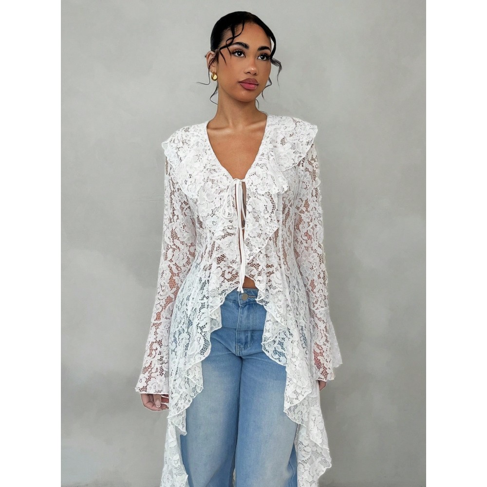 Spring-Summer Romantic Vacation Elegant Sheer Lace Trim Women's Long Thin Coat, Lightweight Coverup, Spring Fashion, Sheer Design, Delicate Detailing, Lace Overlay, Fine Stitching, Stylish Outerwear, Thin Jacket, Trendy Ladies, Summer Wardrobe