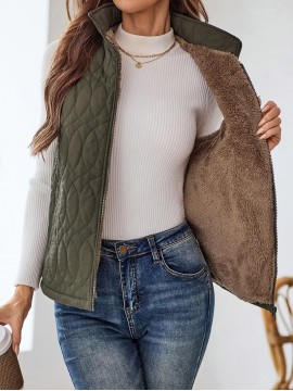 Elegant Women's Quilted Puffer Vest - Stand Collar, Button Front, Long Sleeve, Lightweight Polyester for Fall/Winter, Olive Green with Zip-Up Chest Pocket