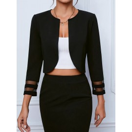 Women's Black Jacket - Elegant Lace Accent blazer, Machine Washable Office & Party Coat, Lightweight Three-Season Outerwear for Women (Spring/Fall/Summer) - Chic Women's Clothing, Versatile Fashion, Round Neckline, Sophisticated Design