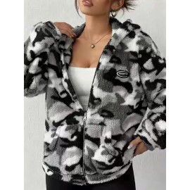 Women'S Cozy Faux Fur Plush Hooded Jacket - Autumn Winter Warm Coat with Zipper Pockets, Elegant Long Sleeve Outerwear for Fall/Winter, Cozy Fall Wear | Hooded Coat | Zippered Jacket