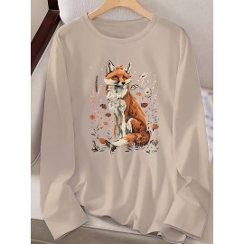 Women's Fox & Floral Graphic Print Long Sleeve T-Shirt - Soft Stretch Crew Neck Casual Top for Spring & Fall, Machine Washable Regular Fit, Medium Elasticity Shirt