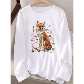Women's Fox & Floral Graphic Print Long Sleeve T-Shirt - Soft Stretch Crew Neck Casual Top for Spring & Fall, Machine Washable Regular Fit, Medium Elasticity Shirt