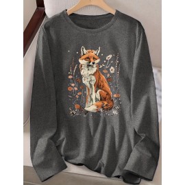 Women's Fox & Floral Graphic Print Long Sleeve T-Shirt - Soft Stretch Crew Neck Casual Top for Spring & Fall, Machine Washable Regular Fit, Medium Elasticity Shirt