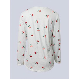 [Elegant Cherry Print T-Shirt] Elegant Women's Cherry Print Long Sleeve T-Shirt | Back Zipper, White with Red Cherry & Black Leaf Design, Round Neck Spring/Fall Layering Top, Regular Fit Casual to Semi-Formal Blouse