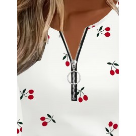 [Elegant Cherry Print T-Shirt] Elegant Women's Cherry Print Long Sleeve T-Shirt | Back Zipper, White with Red Cherry & Black Leaf Design, Round Neck Spring/Fall Layering Top, Regular Fit Casual to Semi-Formal Blouse