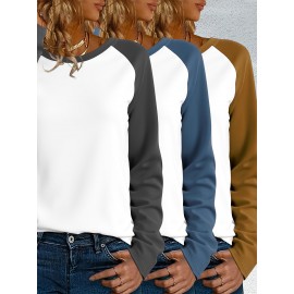 [3pcs Women's T-Shirt Set] 0623Gwen Women's 3pcs T-Shirt Set | Casual Color-Block Long Sleeve Tops, Solid Colors, Machine Washable, Wear Alone Layered, All Seasons, Autumn/Winter
