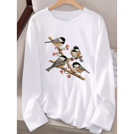 Women's Black Long Sleeve Crew Neck T-Shirt with White & Grey Titmouse Bird & Red Berry Graphic Print - Soft Casual Fall Winter Top, Machine Washable Everyday Comfortable Shirt for Nature-Inspired Outfits