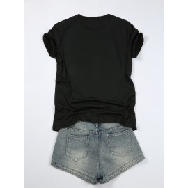 Mother'S Day, Cartoon Love Element Print T-Shirt Three-piece Set, Summer and Spring Short Sleeve Round Neck Casual Top Multi Set, Women'S Clothin