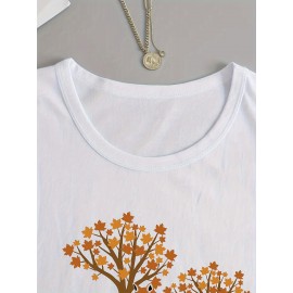 Women's Casual Long Sleeve Crew Neck T-Shirt - Fox & Autumn Leaves Graphic Print, Black with Orange Design, Medium Stretch, Machine Washable, All-Season Comfort Top, Naturethemed Apparel, Nontransparent Fabric