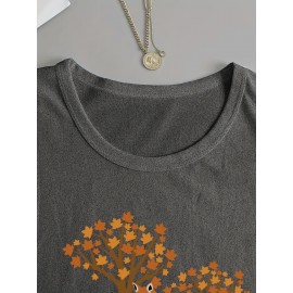 Women's Casual Long Sleeve Crew Neck T-Shirt - Fox & Autumn Leaves Graphic Print, Black with Orange Design, Medium Stretch, Machine Washable, All-Season Comfort Top, Naturethemed Apparel, Nontransparent Fabric