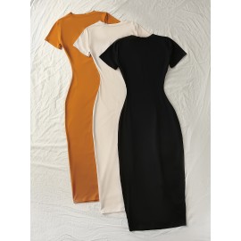 3pcs Long Dress Set with Short Sleeves, Elegant Skirt for Layering YT