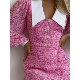 Women's Elegant Pink Floral Print Mini Dress with Peter Pan Collar & Long Sleeves - High-Waisted A-Line Button-Front Machine Washable All-Season Party & Casual Dress