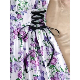 [Elegant Floral Dress] Elegant Floral A-Line Dress | Butterfly Accents, Adjustable Cross Straps, Ruched Waist, Perfect for Beach, Vacation, and Party Wear