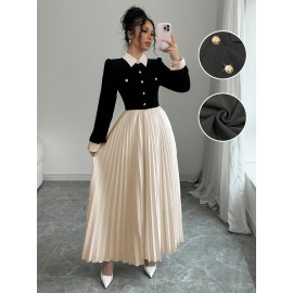 [Elegant Dress for Women] Golden Button Elegant Dress for Women with Contrasting Colors, Cinched Waist, Pleated Design and Long Sleeves, Perfect for Parties, Weddings, Music Festivals and Dates
