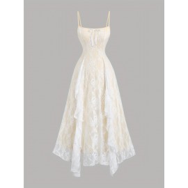 [Elegant Lace Dress] Sleeveless Elegant Off-Shoulder Lace Dress | Ruffle Detail, Bow Accent, Flowing Design, Perfect for Summer Events