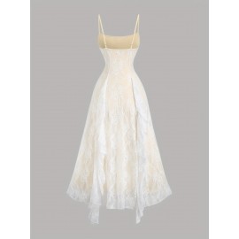 [Elegant Lace Dress] Sleeveless Elegant Off-Shoulder Lace Dress | Ruffle Detail, Bow Accent, Flowing Design, Perfect for Summer Events