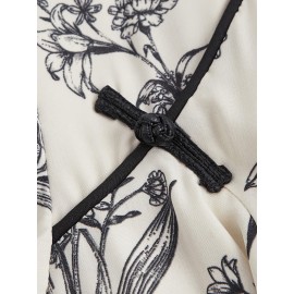 Elegant Black & White Floral Chinese-Style Short Dress with Puffed Sleeves - Waist-Cinching, Stand Collar, Perfect for Spring/Summer, Adult Women'S Fashion, Floral Dress | Stand Collar Dress | Puffed Sleeve Dress