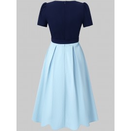 Elegant Square Neck Puff Sleeve Dress with Front Bow Detail - Black & White Color Block, A-Line Silhouette, Lightweight Summer Dress for Women, Cute Dress