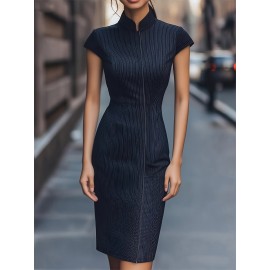 [Elegant Striped Dress] Elegant Women's Striped Dress with Pockets | Zip-Up, Stand Collar, Long Sleeve, Ribbed Texture, Black & White Vertical Stripes | Casual or Formal Occasions, Ladies Dresses