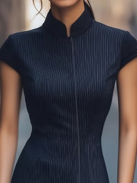 [Elegant Striped Dress] Elegant Women's Striped Dress with Pockets | Zip-Up, Stand Collar, Long Sleeve, Ribbed Texture, Black & White Vertical Stripes | Casual or Formal Occasions, Ladies Dresses