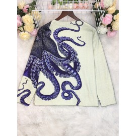 Women's Sweater - Long Sleeve Pullover Sweater with Navy Blue Octopus Tentacle Print, Elegant Casual Chic Sweater for Everyday Formal Outfits, Versatile Clothing, Unique Design, Soft Texture, Printed Top, Trend Followers