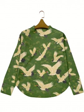 [All-Over Print] [Thick] [Round Hem] [Sweater] All-Over Print Red-crowned Crane Pattern Thick, Casual Crew Neck Long Sleeve Sweater, Round Hem, Women's Clothing