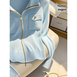 [Elegant Cardigan] Chic Elegant High-Neck Zip-Up Cardigan for Women | Long Sleeve Sweater with Chain Detail, Solid Blue, Perfect for Fall/Winter