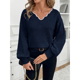 Women'S Elegant French-Inspired V-Neck Sweater with Back Bow - Long Sleeve Loose Fit Pullover, Soft & Brown Color Block Design, Fall/Winter Casual Chic Sweater, Sweater For Winter, Fall Fashion, Sophisticated Style, Quality Stitching, Stylish Top