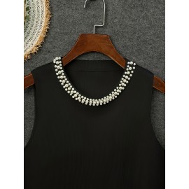 Women'S Elegant Beaded Sleeveless Vest - Solid Color Crew Neck Pullover for Spring/Summer/Fall, Chic Layering Piece with Pearl Embellishments