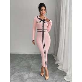 Women'S Elegant Dress - Soft Pink Formal & Casual Outfit with Button Front, Flattering Fit for Office, Parties, Tea Dates - Chic Women'S Clothing, Office Attire, Sophisticated Design, Premium Quality, Bow Detail, Fashion Lovers
