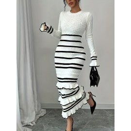 Women's Elegant Striped Dress - Slim Fit Waist-Cinching Bodycon with Ruffled Hem, Black & White Horizontal Stripes, Round Neck Long Sleeve Fall Winter Fashion, Dress
