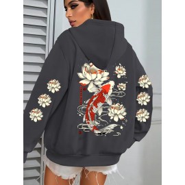 Women's Koi Fish & for Lotus Zip-Up Hoodie Jacket - Dark Green/Red Accents, Front Pockets, Machine Washable Zippered Hooded Sweatshirt for Fall/Winter Casual & Formal Outfits, Winter Wear, Artistic Design, Soft Material, Trend Followers