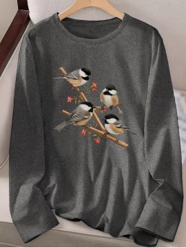Women's Black Long Sleeve Crew Neck T-Shirt with White & Grey Titmouse Bird & Red Berry Graphic Print - Soft Casual Fall Winter Top, Machine Washable Everyday Comfortable Shirt for Nature-Inspired Outfits