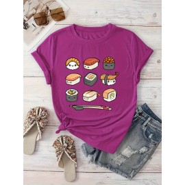 Women'S Casual Sushi Print T-Shirt - Short Sleeve Crew Neck, Vibrant Japanese Food Design, Machine Washable, Perfect for Spring/Summer Outings & Beach Vacations, Beachwear Tshirt | Playful Print Top | Machine Washable Top, Sushi Tshirt