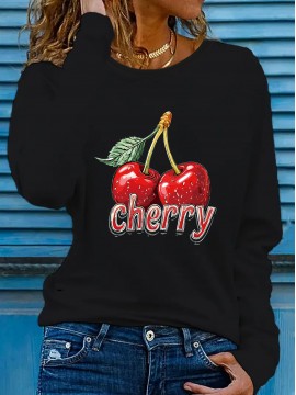 Women'S Cherry Graphic Long Sleeve T-Shirt - Vibrant Red Cherry Print, Casual Crew Neck, Machine Washable, Spring/Summer Vacation Top, Cherry Tshirt