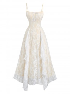 [Elegant Lace Dress] Sleeveless Elegant Off-Shoulder Lace Dress | Ruffle Detail, Bow Accent, Flowing Design, Perfect for Summer Events
